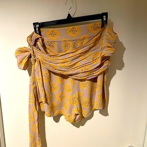 Free People Women's Purple Medallion Boho High Rise Bow Tie Waist Shorts Size 12